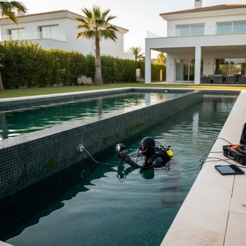 Buzo técnico de RepararPiscina.com realizando una localización de fugas bajo el agua con equipo de cámara especializado sin vaciar la piscina.