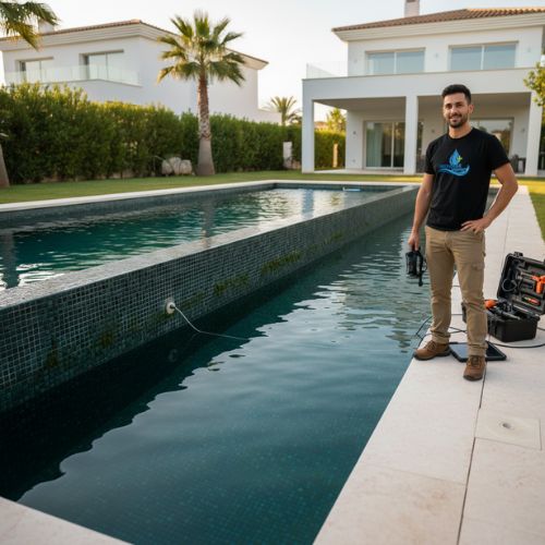 Técnico profesional de RepararPiscina.com con uniforme corporativo y equipo de herramientas preparado para un diagnóstico de fugas y revisión técnica.