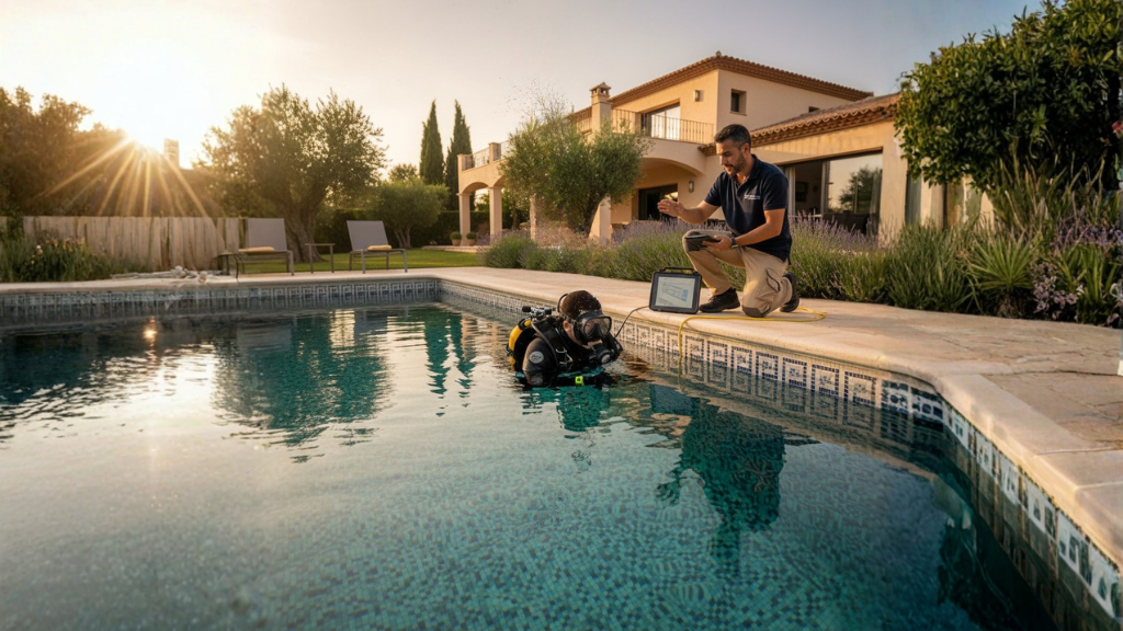 Técnico realizando localización de fugas de piscina con video-inspección HD y Protocolo 360 en Madrid y Andalucía.
