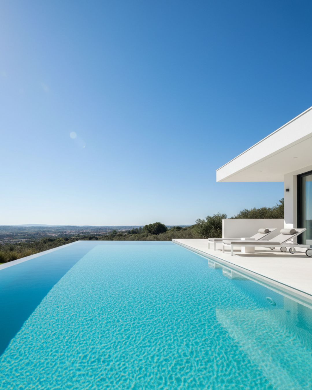 Piscina de diseño con agua cristalina tras localizar y reparar fugas técnicas sin vaciar el vaso.