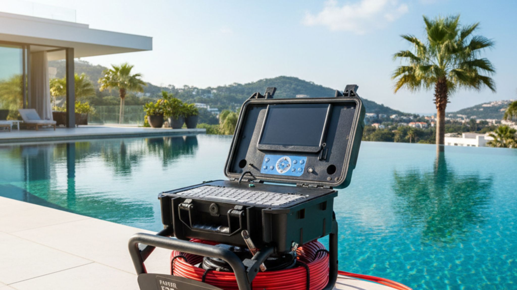 Equipo profesional de video-inspección HD con monitor y sonda para tuberías, situado junto al borde de una piscina desbordante en un entorno residencial de lujo.