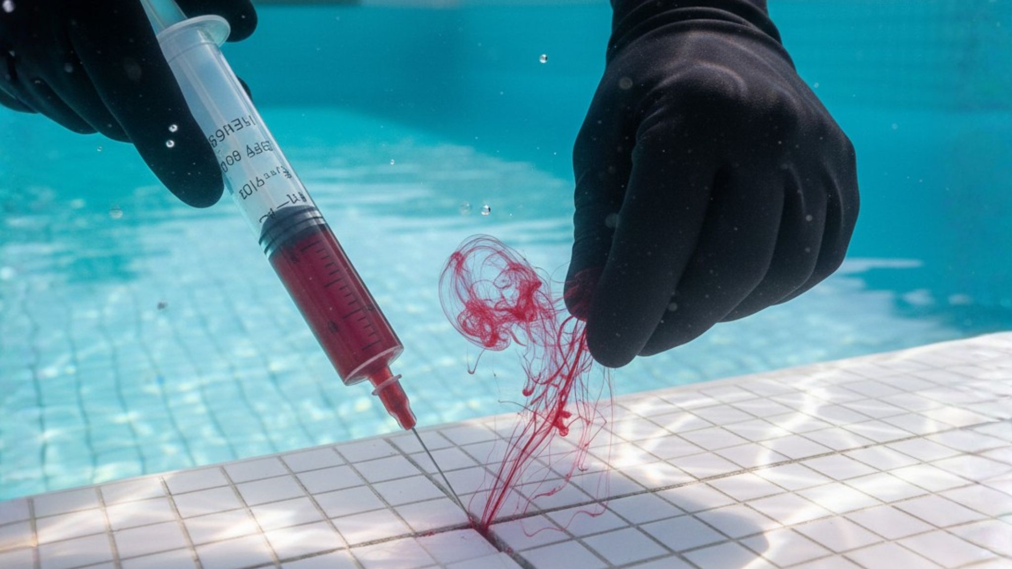 Primer plano bajo el agua de las manos de un técnico buzo utilizando una jeringuilla con tinte trazador rojo, el cual se introduce en hilos delgados a través de una fisura en la junta del gresite para localizar una fuga estructural