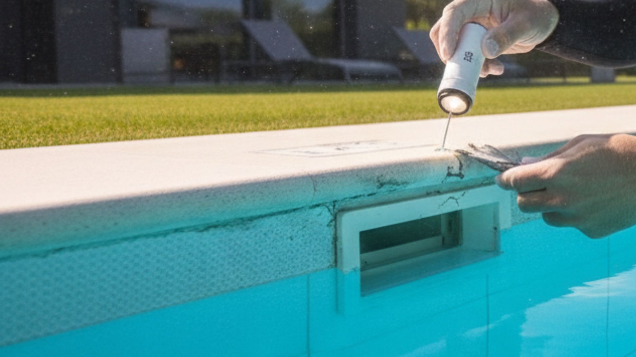 Técnico buzo profesional realizando una inspección detallada y sellado de un skimmer en una piscina residencial, verificando la integridad de los componentes estructurales bajo el agua.