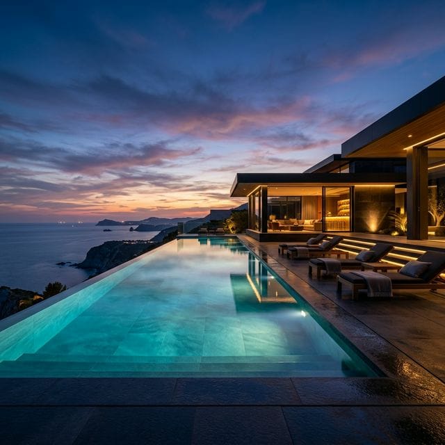 Piscina de diseño iluminada por la noche, proyecto de reparación y construcción de piscinas de obra nueva en España.