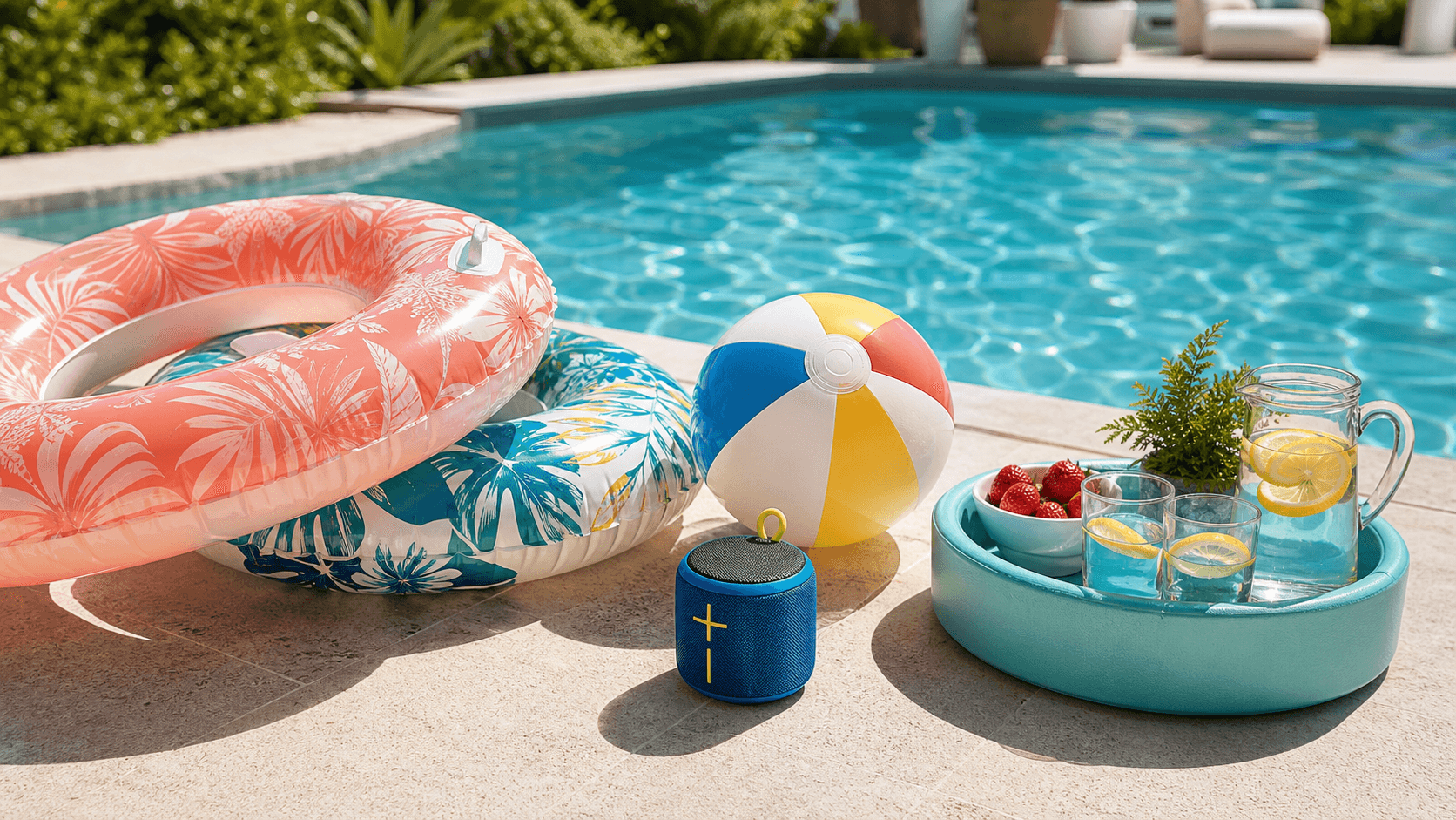Flotadores de diseño, altavoz bluetooth impermeable y bebidas refrescantes junto a piscina en verano