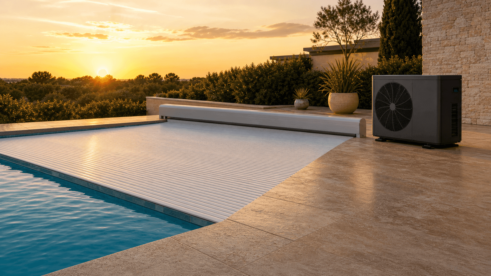 Bomba de calor y cubierta enrollable automática para piscina al atardecer