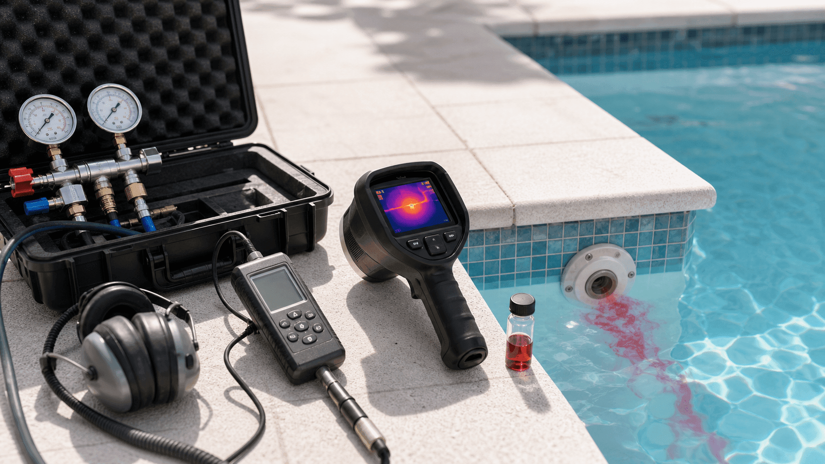 Equipo profesional de detección de fugas en piscina con cámara térmica, geófono y trazador