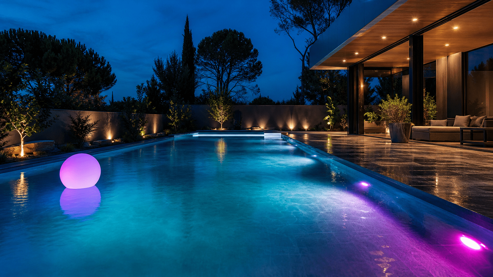 Piscina iluminada por la noche con focos LED RGB subacuáticos y bola flotante luminosa