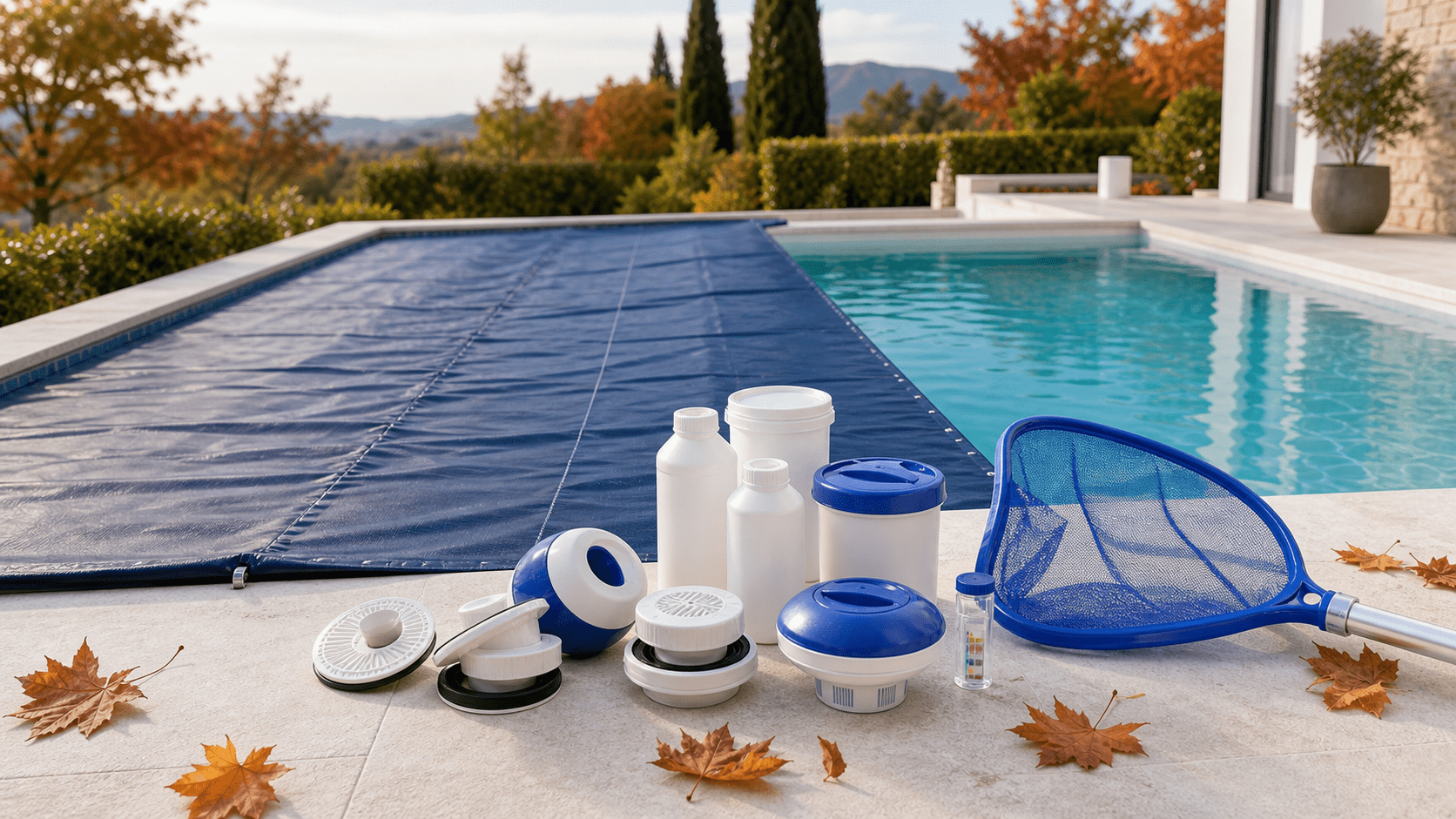 Kit de invernaje de piscina con cubierta enrollada, tapones, químicos y red cazahojas en otoño