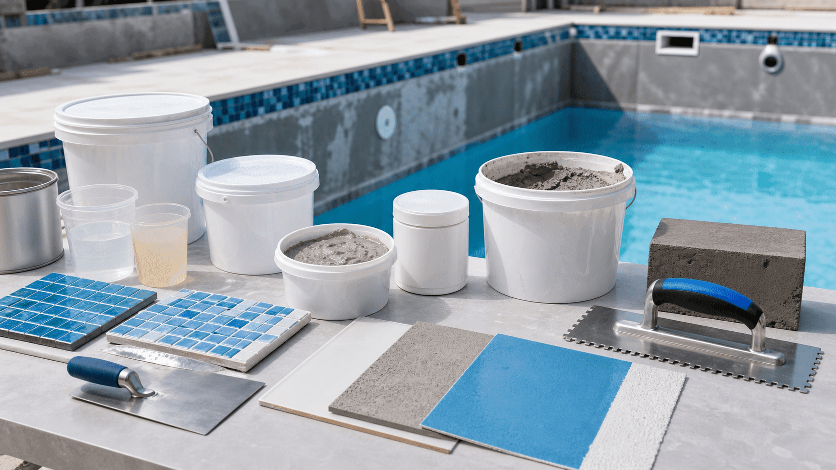 Materiales de rehabilitación de piscina: mortero, lechada, gresite y llanas sobre bordillo