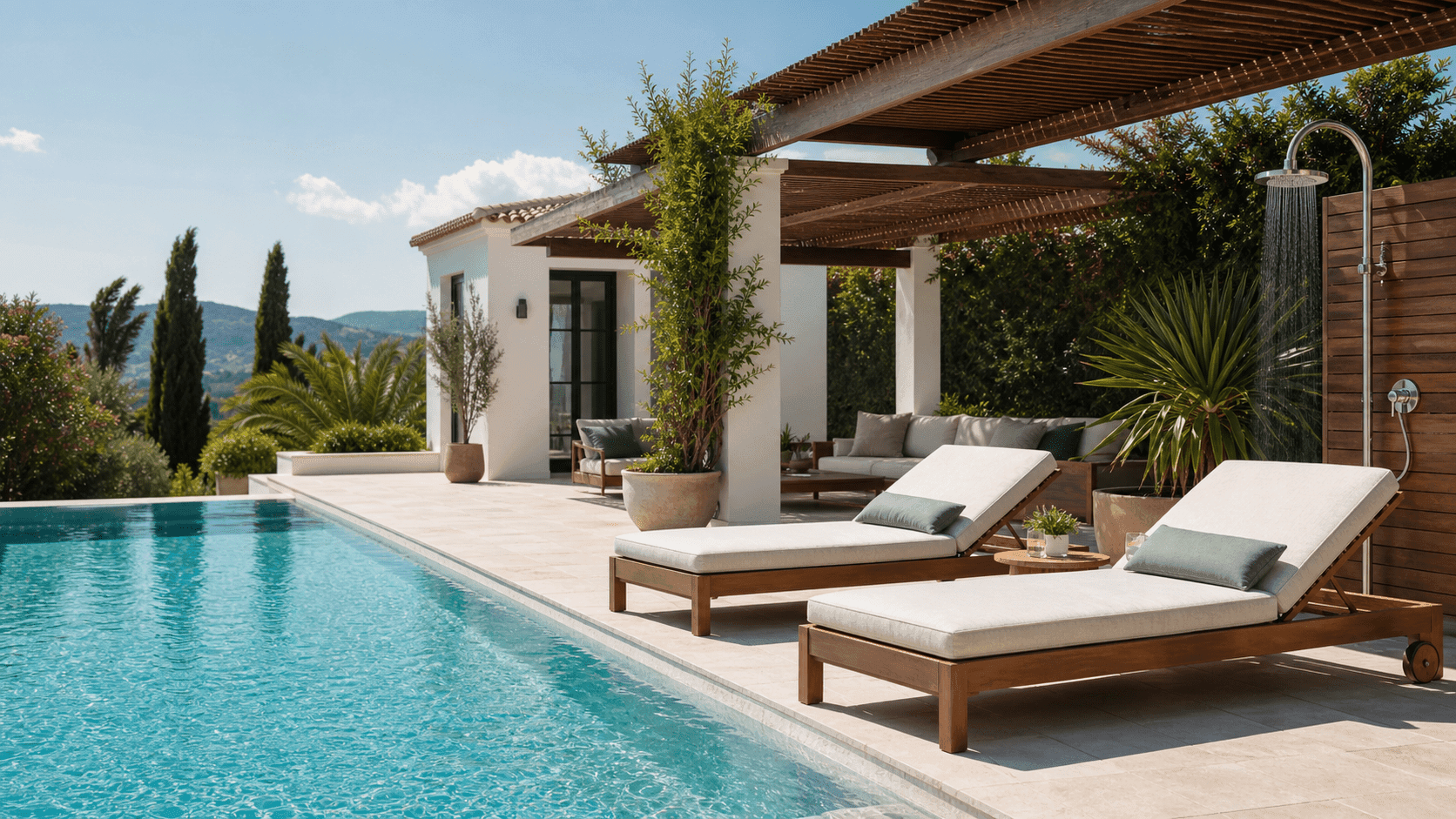 Zona exterior de piscina con pérgola de madera, tumbonas de teca y ducha solar de jardín