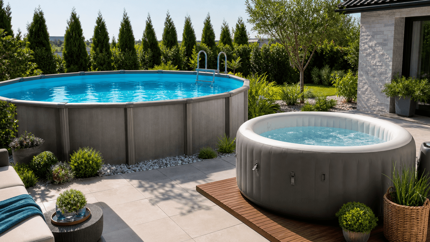 Piscina elevada redonda de composite gris y jacuzzi hinchable en jardín con terraza