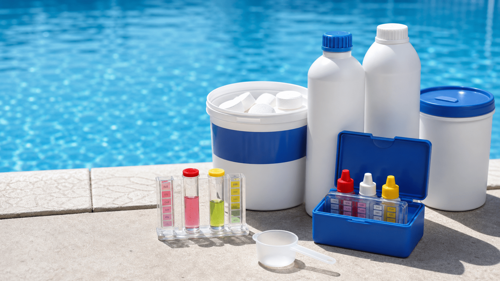 Productos químicos para piscina: tabletas de cloro, algicidas y kit medidor de pH y cloro