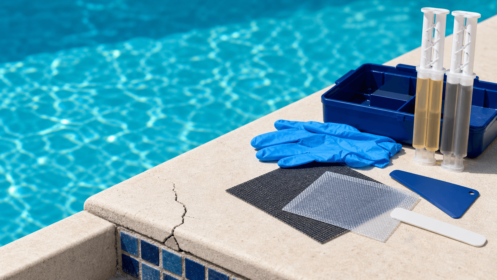 Kit de reparación de piscina con parches subacuáticos, guantes y jeringas de resina