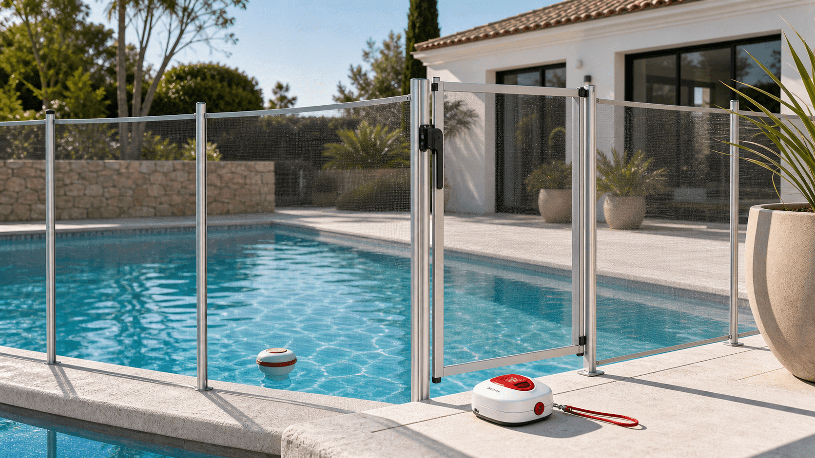 Valla de seguridad desmontable con puerta con cerrojo y alarma flotante para piscina