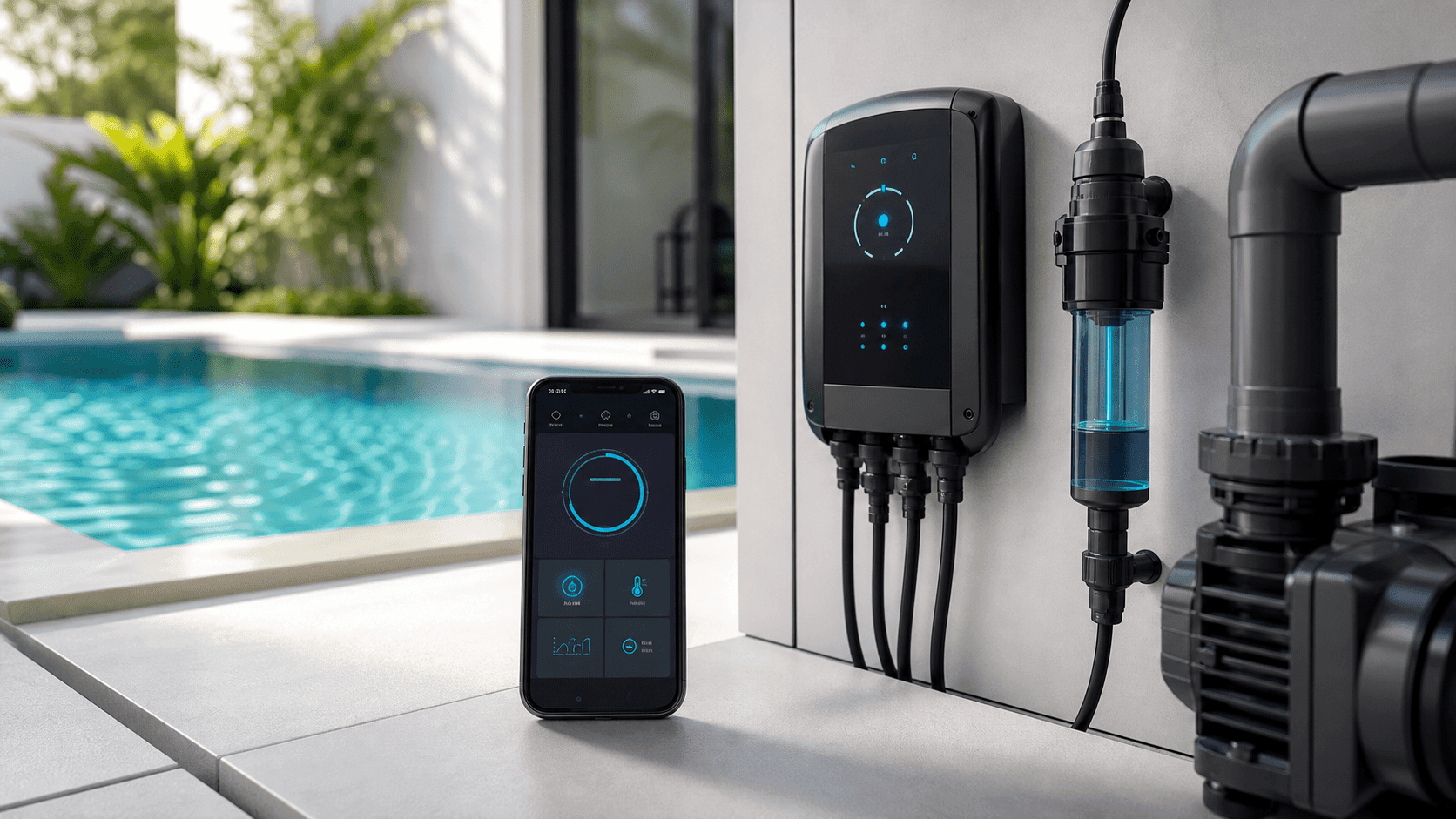 Sistema domótica piscina con control desde móvil y clorador salino inteligente