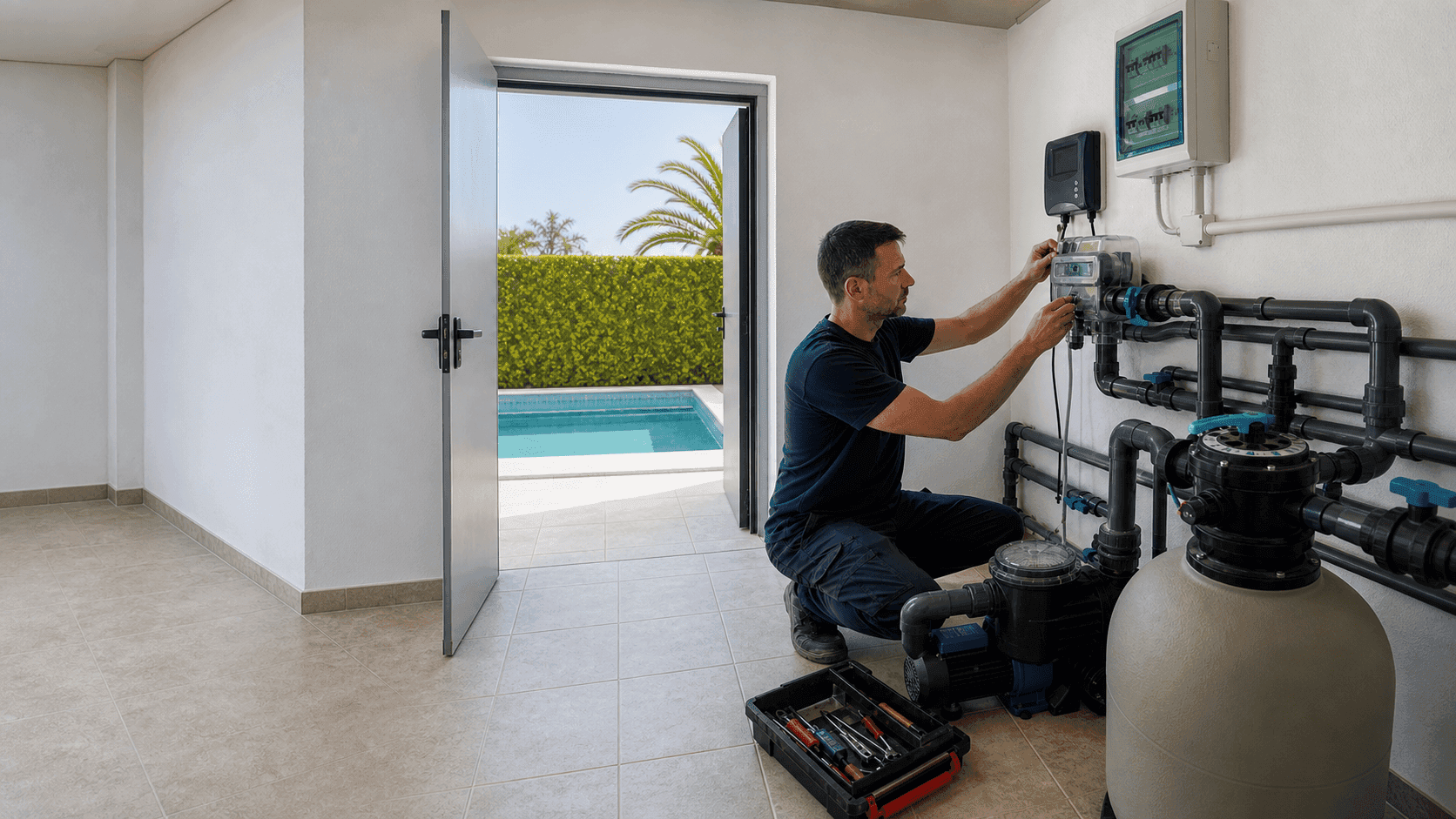 Instalación de clorador salino y cuadro eléctrico de piscina Técnico instalando un clorador salino y revisando el cuadro eléctrico en una caseta técnica de piscina particular.