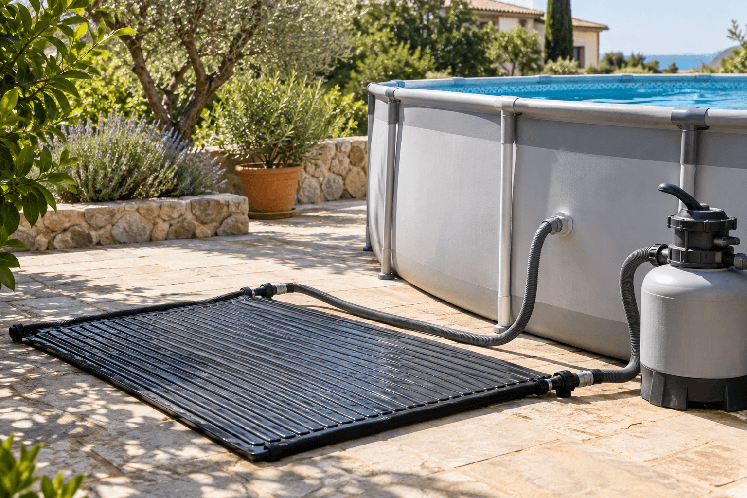 Alfombra solar conectada al circuito de una piscina elevada