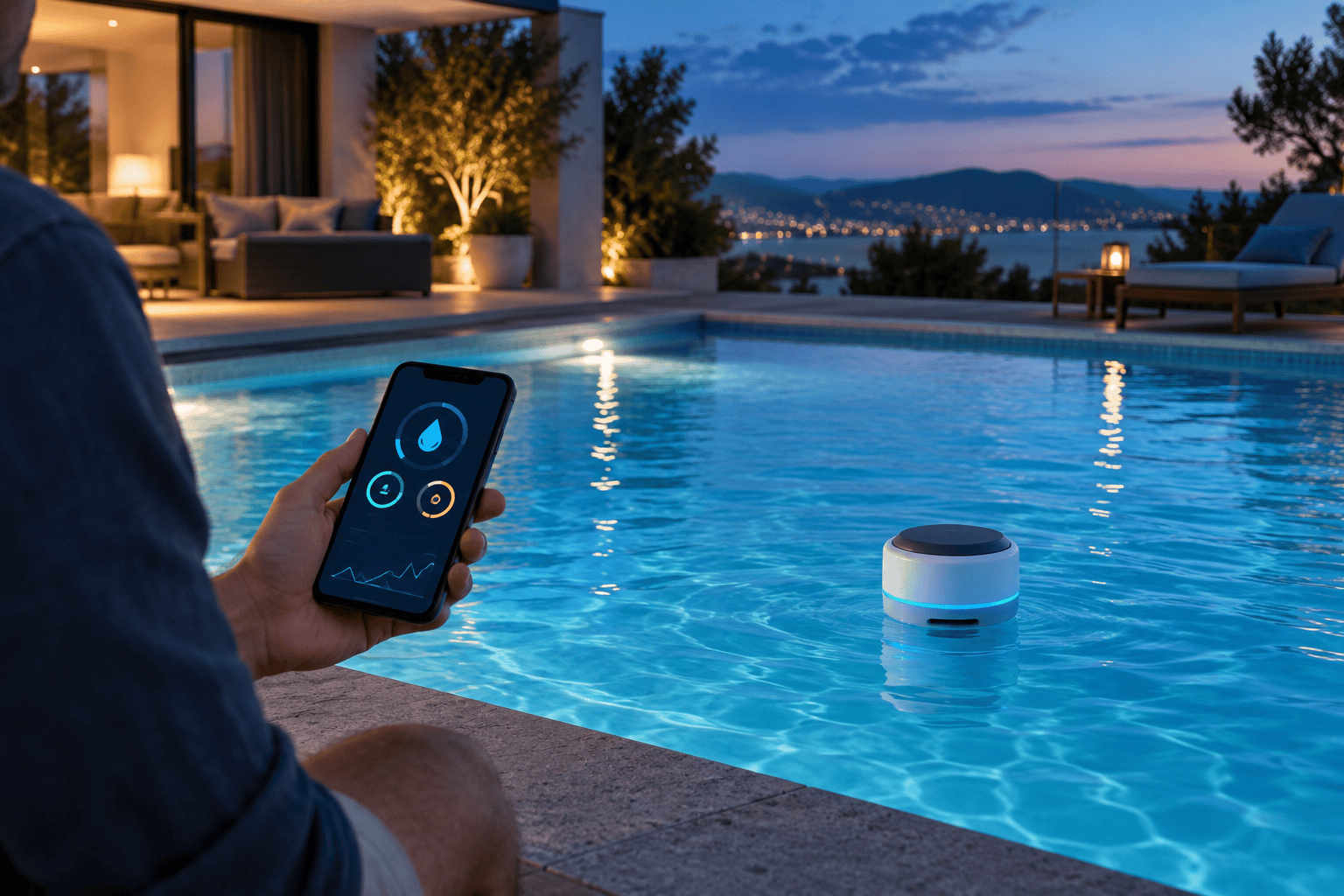 Analizador flotante inteligente en una piscina junto a una aplicación móvil