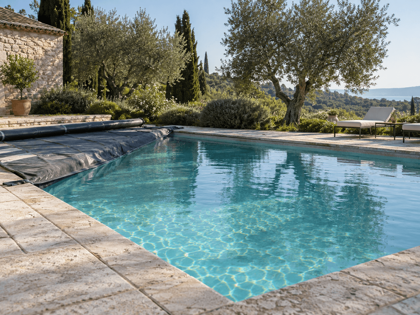 Piscina al retirar parcialmente la cubierta antes de la apertura