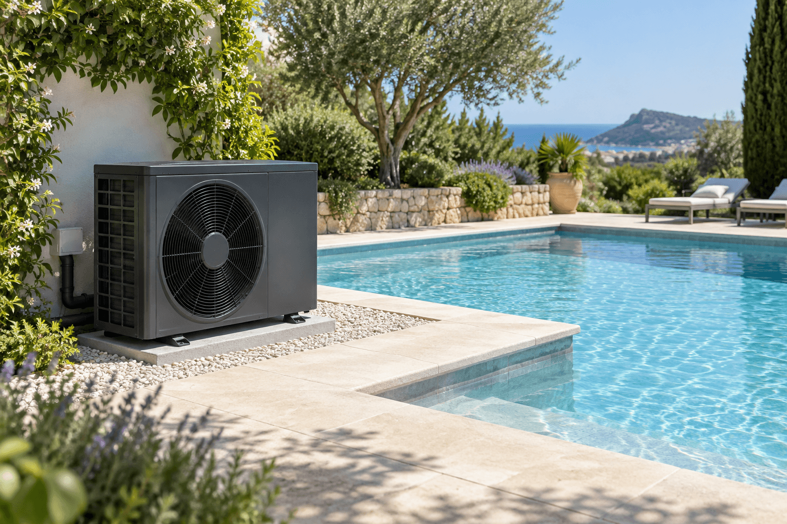 Bomba de calor compacta instalada junto a una piscina