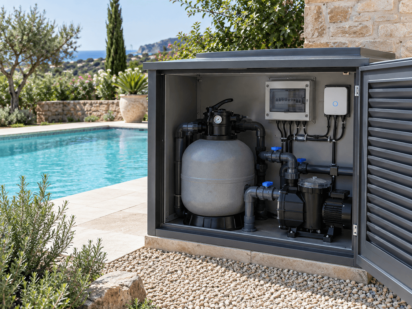 Equipo de filtración y control WiFi en un armario técnico exterior junto a una piscina