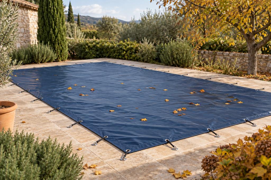 Piscina enterrada rectangular cubierta con una lona de invierno azul anclada al pavimento
