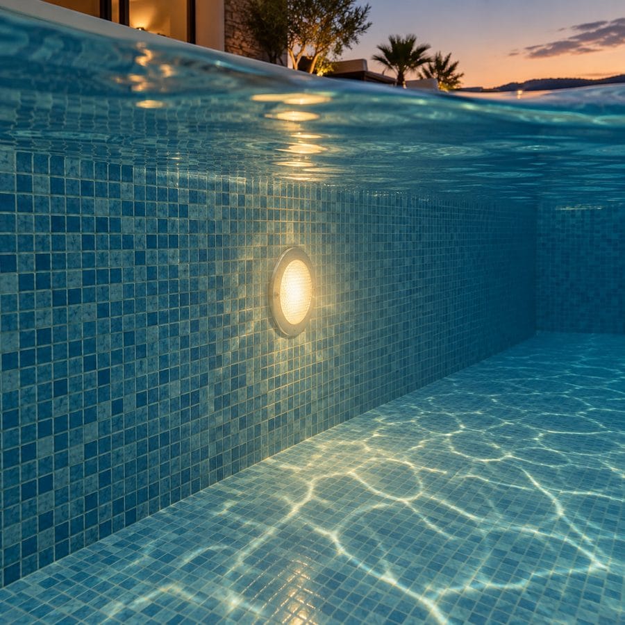 Foco LED blanco cálido instalado en la pared de una piscina bajo el agua