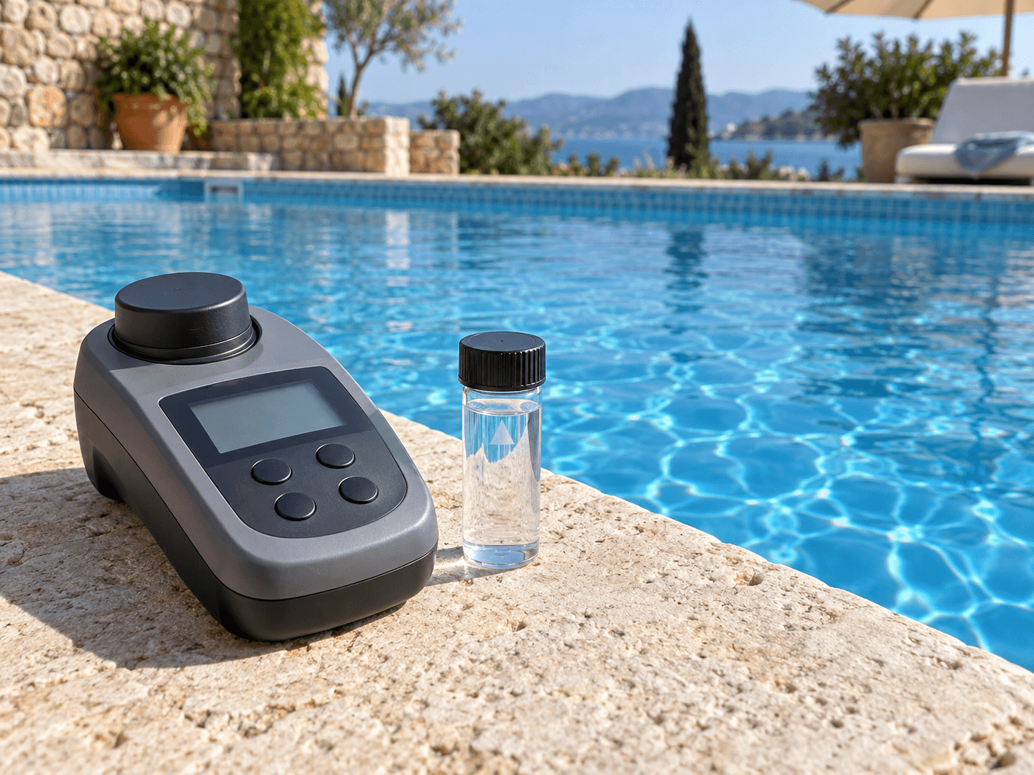 Fotómetro digital junto a una piscina para analizar muestras de agua