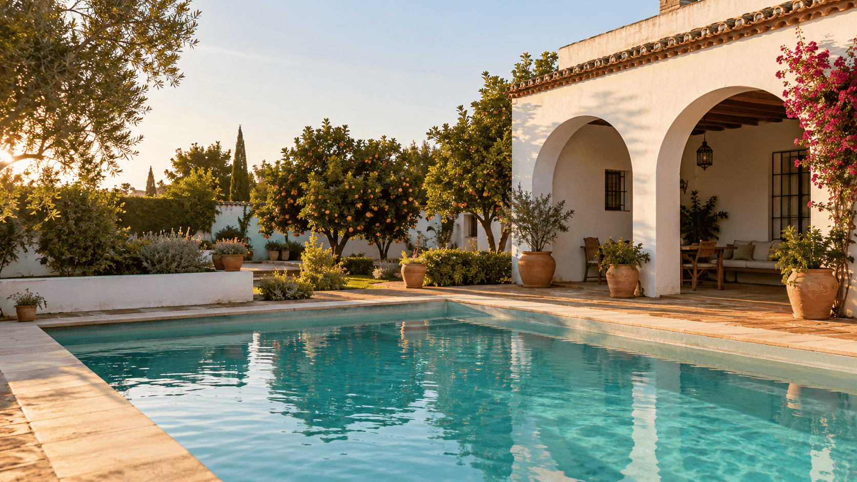 Piscina exterior junto a una casa de estilo andaluz