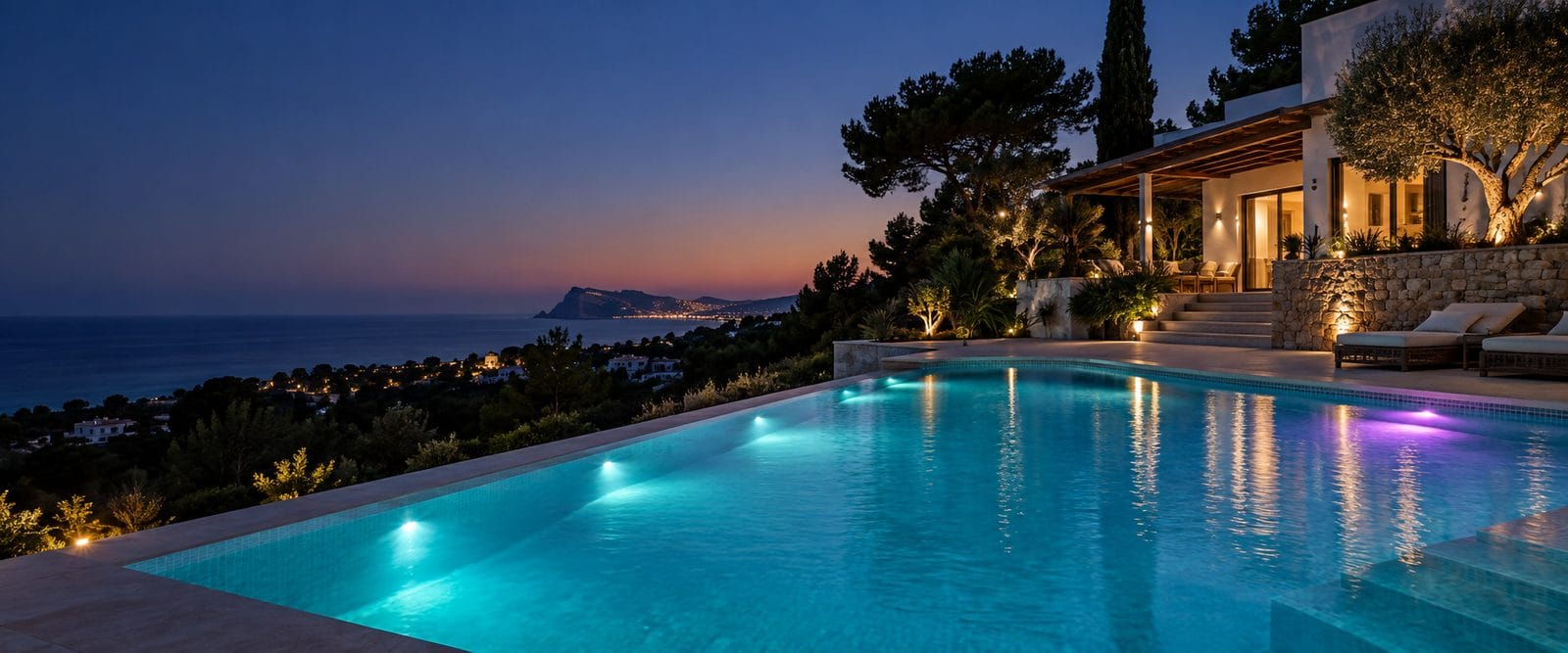 Piscina iluminada con focos LED controlables