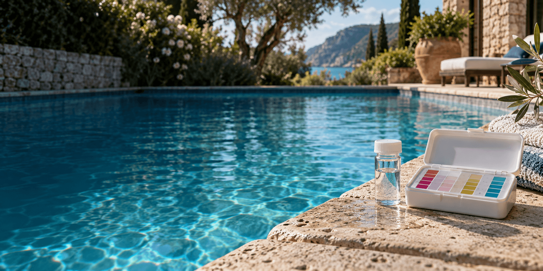 Muestra de agua y kit de análisis junto a una piscina