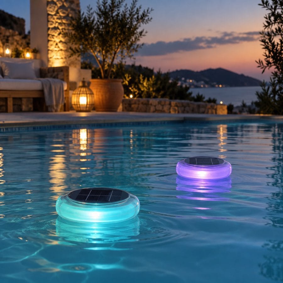 Luces solares flotantes de colores sobre el agua de una piscina al anochecer