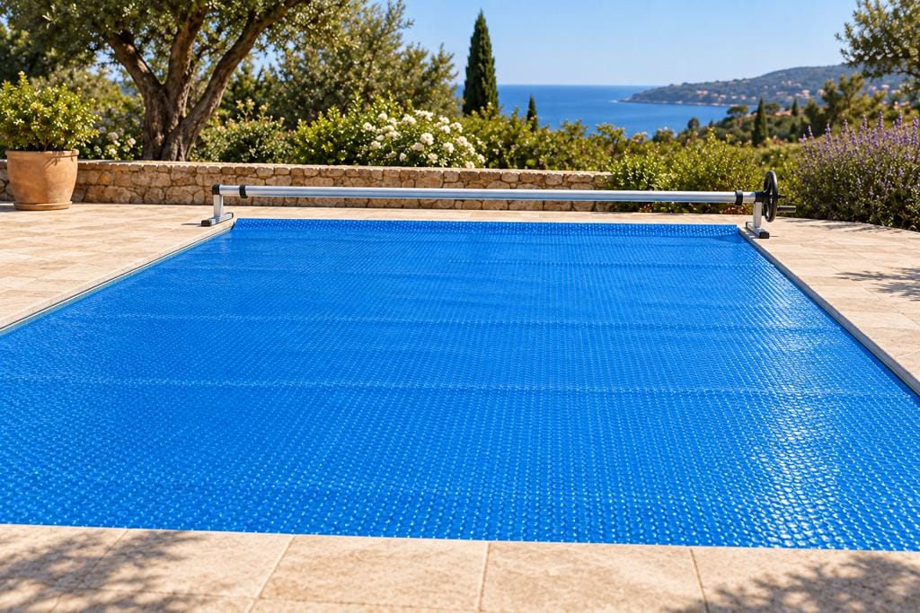 Piscina rectangular cubierta por completo con una manta solar azul y un enrollador en un extremo
