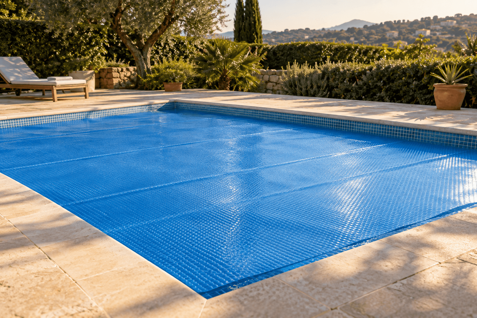 Cubierta solar azul sobre una piscina rectangular