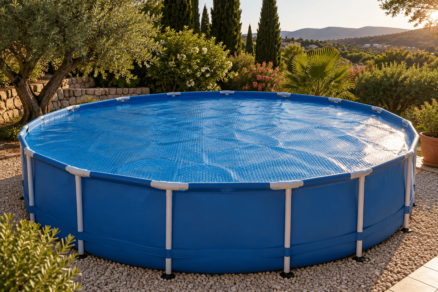 Manta solar circular sobre una piscina elevada redonda