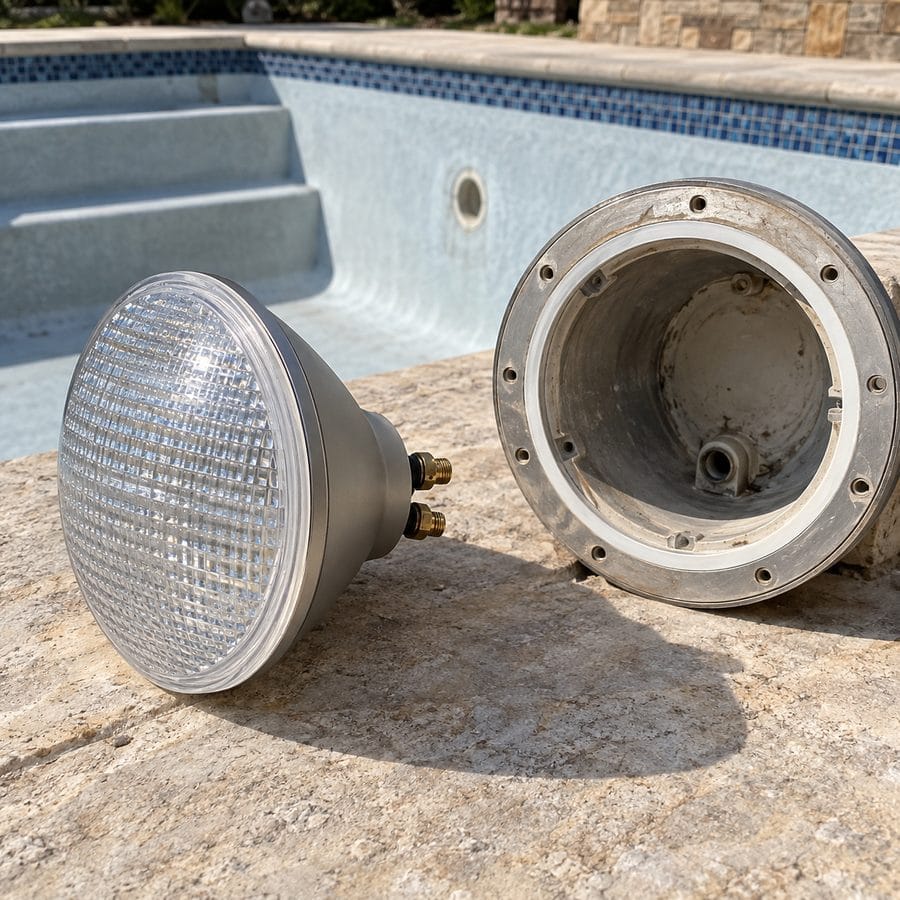 Lámpara LED PAR56 de recambio junto a un nicho vacío de piscina