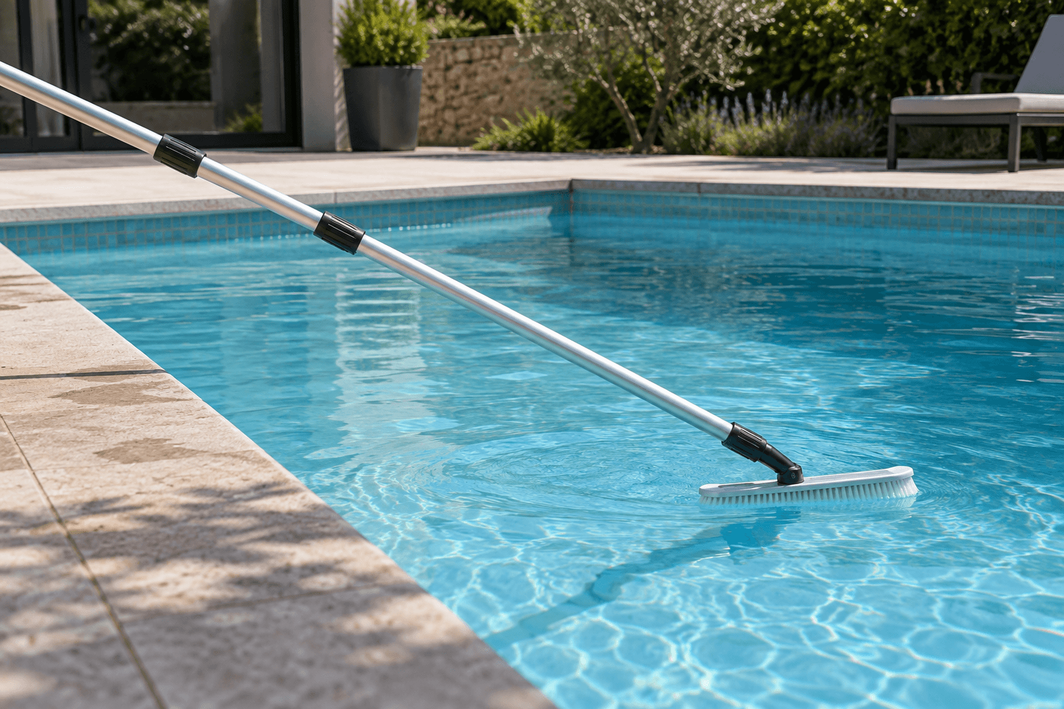 Pértiga telescópica con cepillo limpiando una piscina
