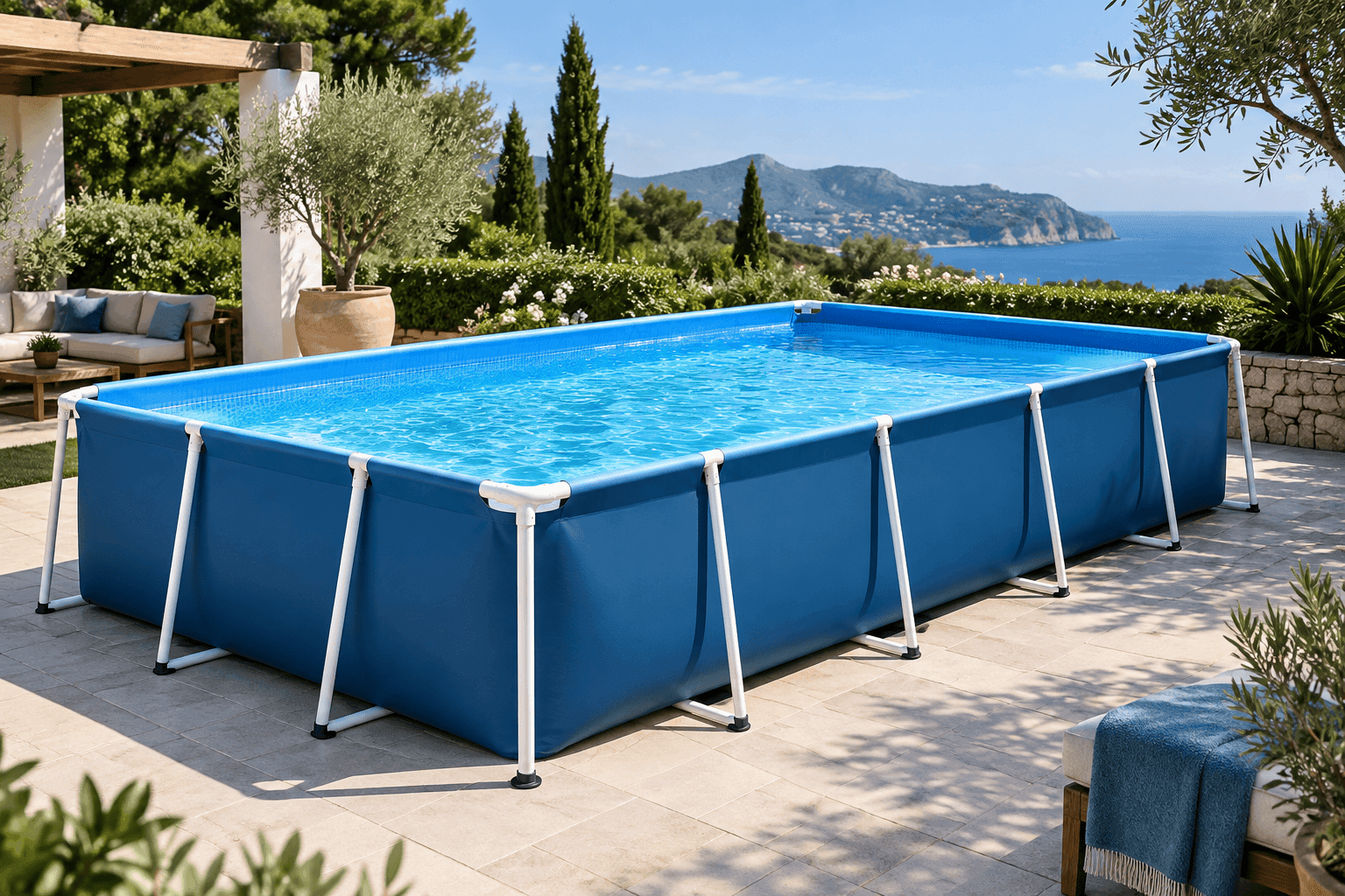 Piscina desmontable rectangular con estructura tubular en un jardín