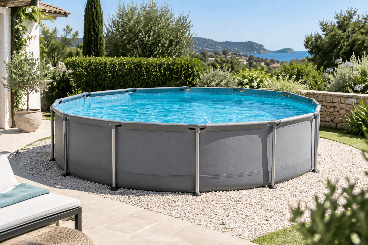 Piscina desmontable redonda compacta en un jardín