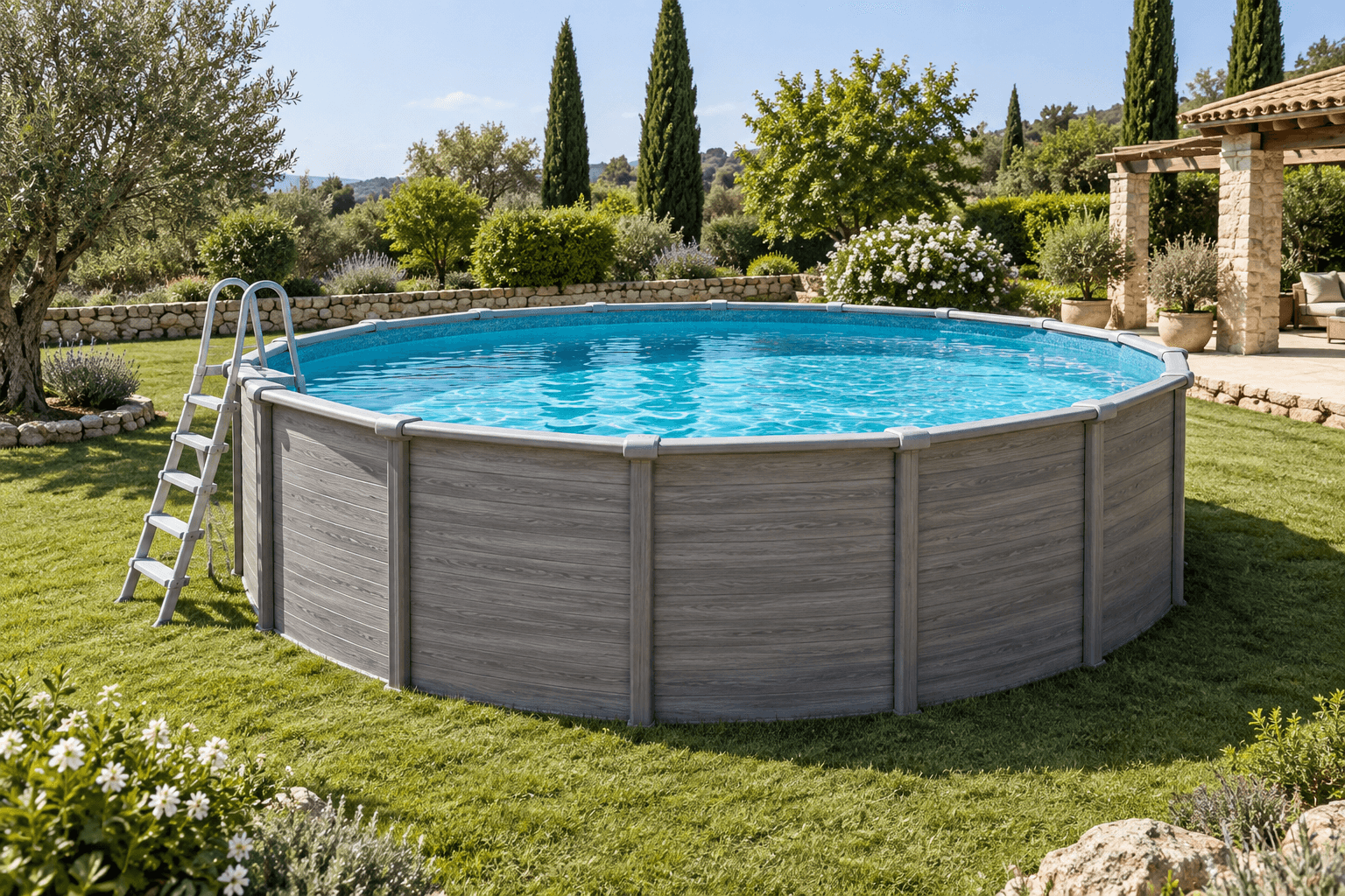 Piscina elevada redonda grande con escalera en un jardín