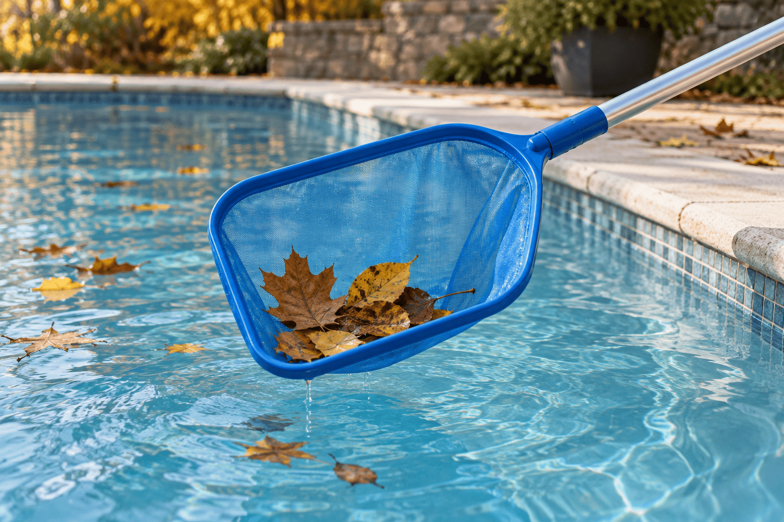 Red recogehojas azul retirando hojas de la superficie de una piscina