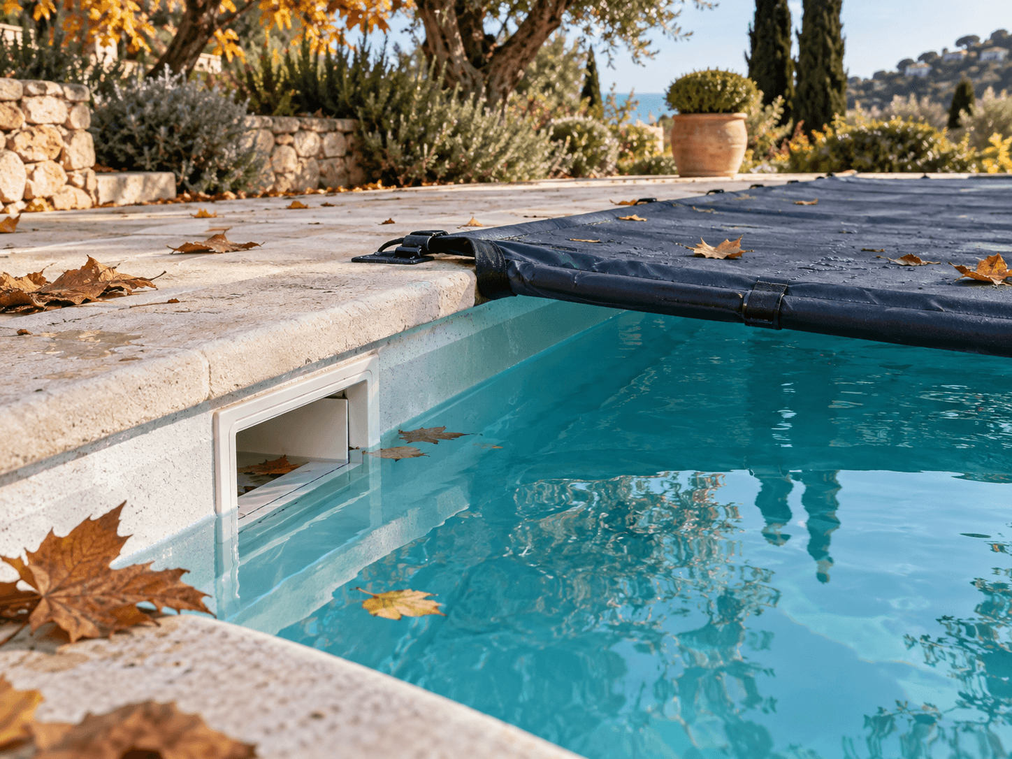 Skimmer de piscina junto a la cubierta de invierno