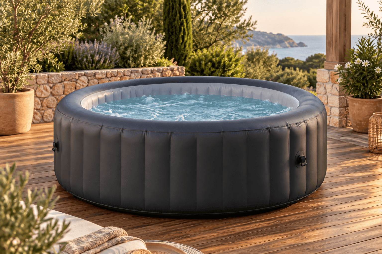 Spa hinchable redondo compacto junto a una piscina