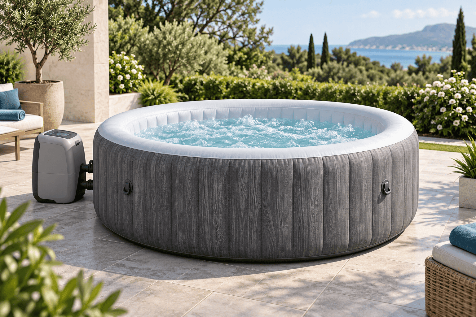 Spa hinchable redondo de cuatro plazas en una terraza