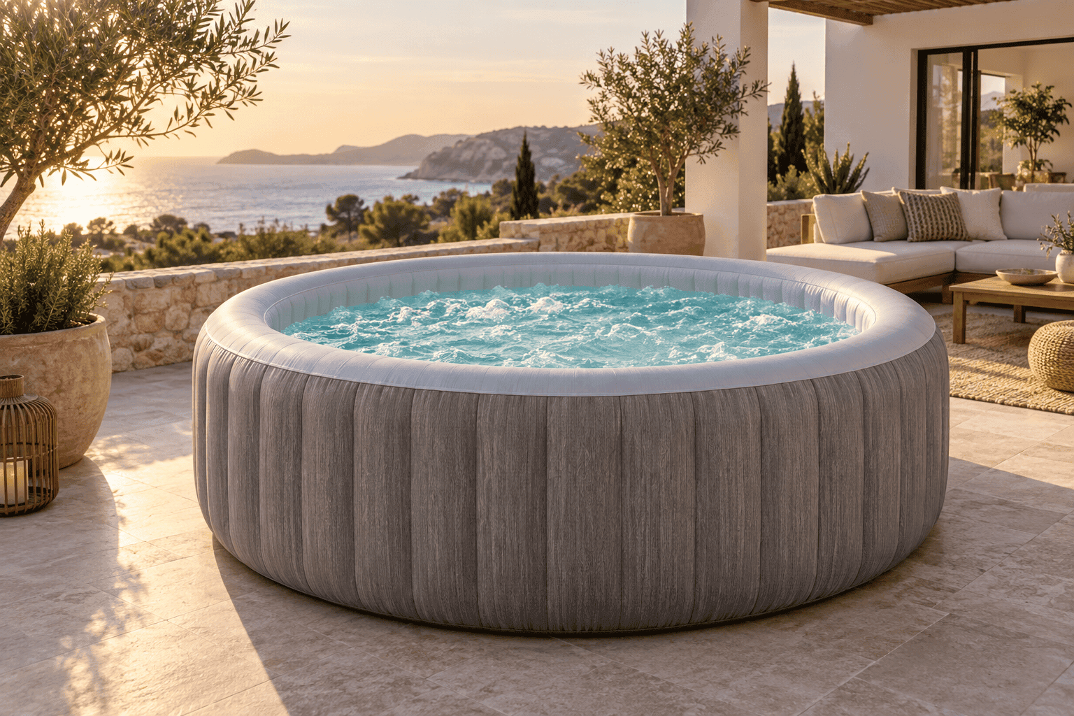 Spa hinchable redondo grande en una terraza