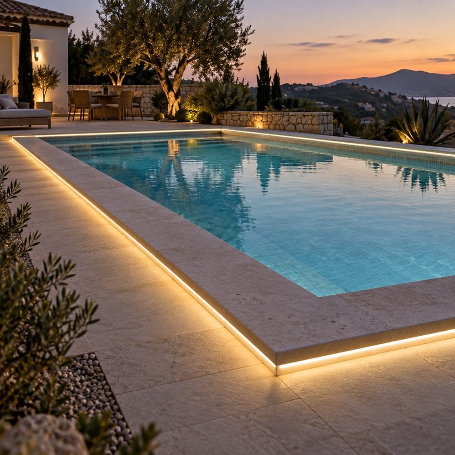 Tira LED cálida instalada en el borde exterior de una piscina, fuera del agua